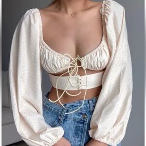 White Fox floral cropped long sleeved cut out top